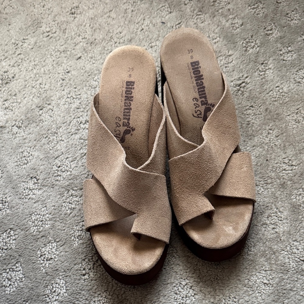 BioNatural Easy Taupe Suede Cross-Strap Wedge Mules
